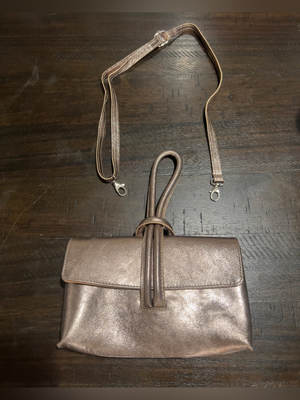 Borse in Pelle made in Italy-Metallic Rose Gold Crossbody Clutch Handbag